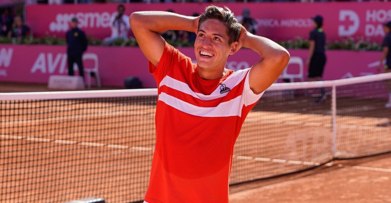 Sebastian Baez from Argentina (R) celebrates his victory during the Millennium Estoril Open Final ATP 250 tennis tournament