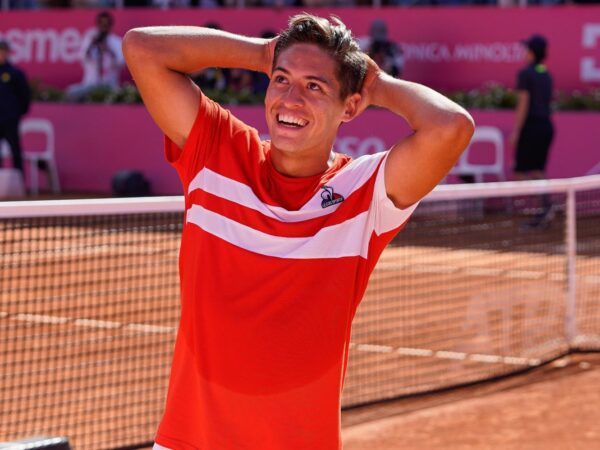 Sebastian Baez from Argentina (R) celebrates his victory during the Millennium Estoril Open Final ATP 250 tennis tournament
