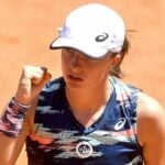 Iga Swiatek of Poland celebrates during her semifinal match against Aryna Sabalenka of Belarus at the Internazionali BNL D'Italia tennis tournament