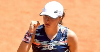 Iga Swiatek of Poland celebrates during her semifinal match against Aryna Sabalenka of Belarus at the Internazionali BNL D'Italia tennis tournament