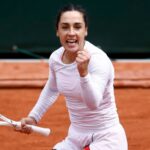 Italy's Martina Trevisan reacts during her fourth round match against Belarus' Aliaksandra Sasnovich at the French Open