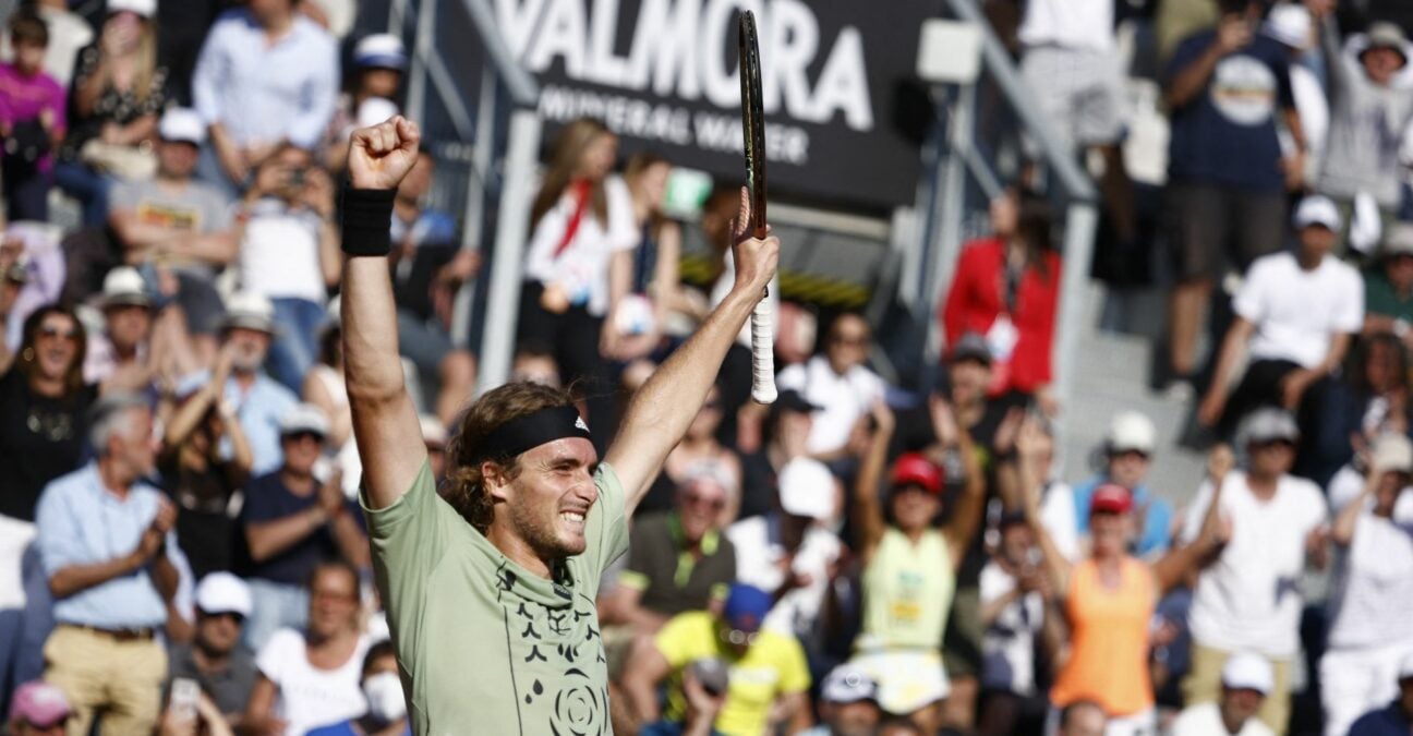 Greece's Stefanos Tsitsipas celebrates winning his second round match against Bulgaria's Grigor Dimitrov at the Italian Open