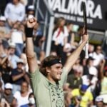 Greece's Stefanos Tsitsipas celebrates winning his second round match against Bulgaria's Grigor Dimitrov at the Italian Open