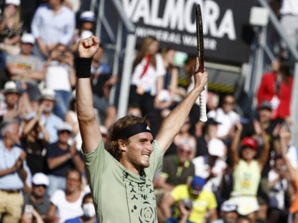 Greece's Stefanos Tsitsipas celebrates winning his second round match against Bulgaria's Grigor Dimitrov at the Italian Open