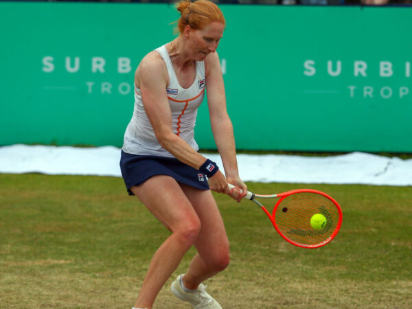 5th June 2022; Surbiton Racket & Fitness Club, Surbiton, London, England: Surbiton Trophy Tennis tournament, womens singles final: Arina Rodionova (AUS) versus Alison Van Uytvanck (BEL): Alison Van Uytvanck (BEL) plays a backhand back to Arina Rodionova (AUS) || 232781_0010 england FINAL Grass Court LAWN LONDON Singles SPORTING sports tennis trophy WOMENS