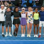 Roger Federer, Nick Kyrgios, Naomi Osaka, Alexander Zverev, Dominic Thiem, Serena Williams, Caroline Wozniacki, Petra Kvitova, Coco Gauff, Novak Djokovic, Stefanos Tsitsipas, and Rafael Nadal pose for a photo at the Rally for Relief charity fund raising night at Rod Laver Arena Image Credit: Zuma / Panoramic