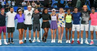 Roger Federer, Nick Kyrgios, Naomi Osaka, Alexander Zverev, Dominic Thiem, Serena Williams, Caroline Wozniacki, Petra Kvitova, Coco Gauff, Novak Djokovic, Stefanos Tsitsipas, and Rafael Nadal pose for a photo at the Rally for Relief charity fund raising night at Rod Laver Arena Image Credit: Zuma / Panoramic