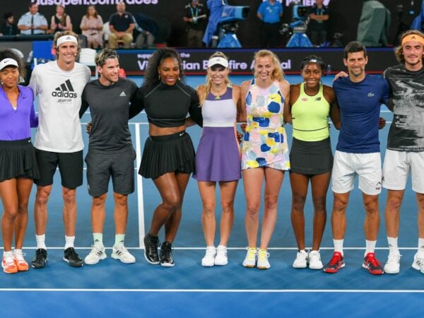 Roger Federer, Nick Kyrgios, Naomi Osaka, Alexander Zverev, Dominic Thiem, Serena Williams, Caroline Wozniacki, Petra Kvitova, Coco Gauff, Novak Djokovic, Stefanos Tsitsipas, and Rafael Nadal pose for a photo at the Rally for Relief charity fund raising night at Rod Laver Arena Image Credit: Zuma / Panoramic