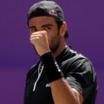during his quarter final match against Tommy Paul of the U.S. at the Queen's Club Championships