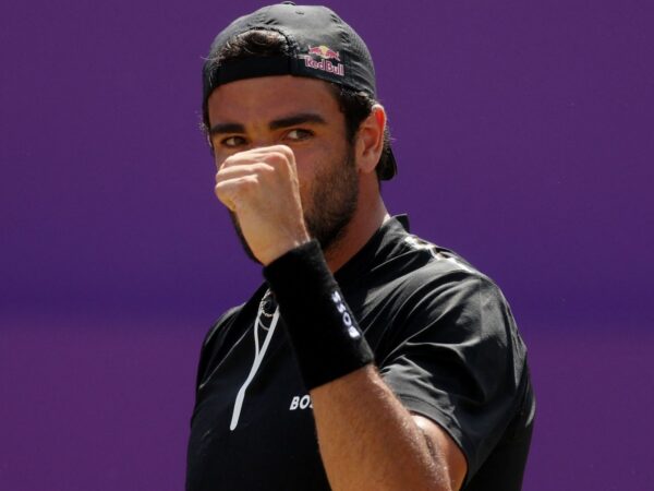 during his quarter final match against Tommy Paul of the U.S. at the Queen's Club Championships