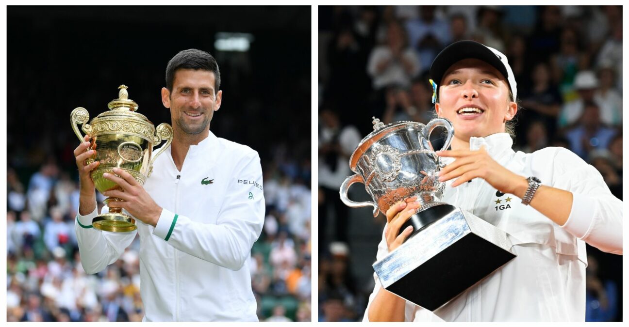 Novak Djokovic at Wimbledon 2021 and Iga Swiatek at Roland Garros 2022 Image Credit: Antoine Couvercelle / Panoramic; Federico Pestellini / Panoramic