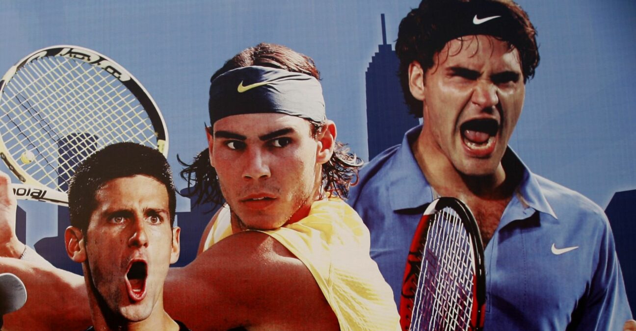Big 3_Novak Djokovic, Rafael Nadal, Roger Federer on a poster at the Masters Cup in Shanghai in 2008