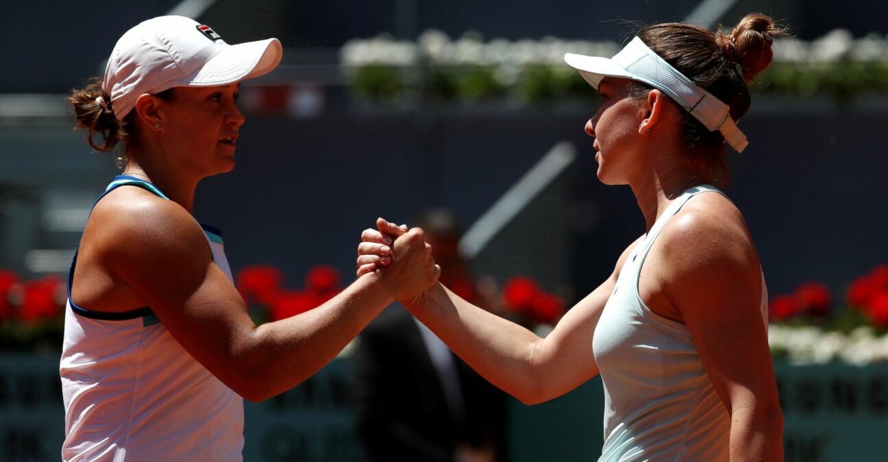 Romania's Simona Halep and Australia's Ashleigh Barty shake hands after their quarter final match at the Madrid Open 2019