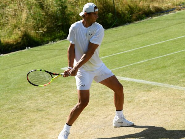 Spain's Rafael Nadal during a practice session at Wimbledon in 2019