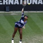 Serena Williams of the U.S. in action during her doubles quarter final match at Eastbourne International
