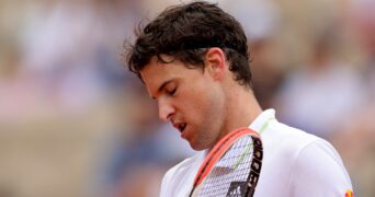 Dominic Thiem in action during his first round match at Roland Garros in 2022