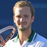 Daniil Medvedev of Russia poses with the trophy at the National Bank Open at Aviva Centre.