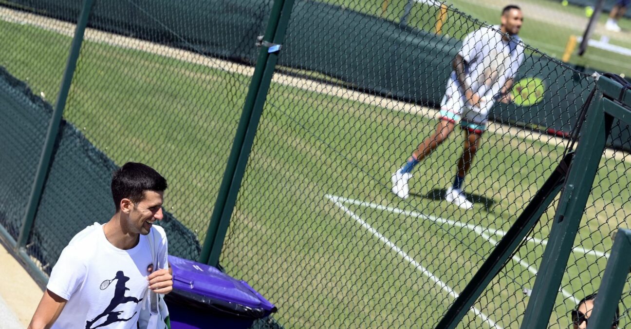 Djokovic and Kyrgios at the practice courts ahead of their Wimbledon final