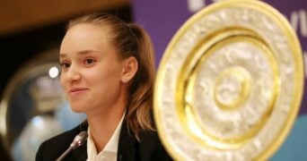 Elena Rybakina attends a press conference in Nur Sultan in 2022