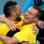 Lleyton Hewitt and Nick Kyrgios of Australia celebrate