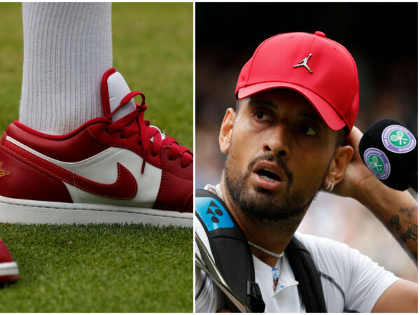 Nick Kyrgios' red shoes and cap, Wimbledon 2022