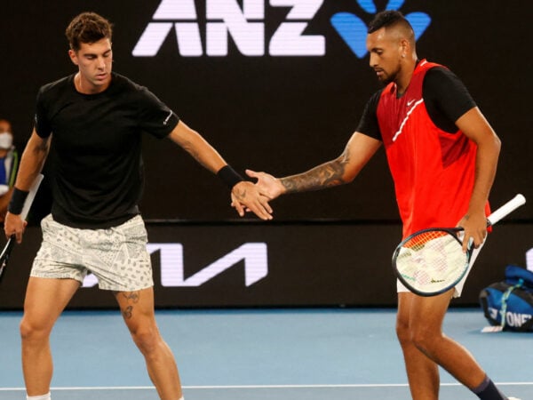 Australia's Nick Kyrgios and Thanasi Kokkinakis during the final of the 2022 Australian Open