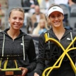 Bernarda Pera of the U.S. and Estonia's Anett Kontaveit pose with trophies after the women's singles final in Hamburg