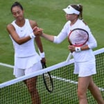 Elena Rybakina shakes hands with China's Qinwen Zheng after winning their third round match at Wimbledon 2022