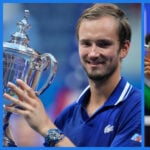 Daniil Medvedev and Emma Raducanu with the 2021 US Open trophies