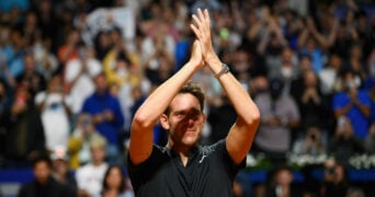 Juan Martin Del Potro of Argentina greets the fans after his matcha at the Argentina Open