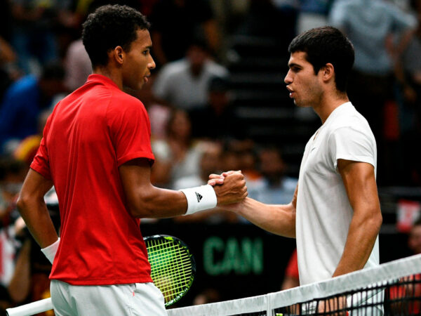 Felix Auger-Aliassime and Carlos Alcaraz at the 2022 Davis Cup in Valencia