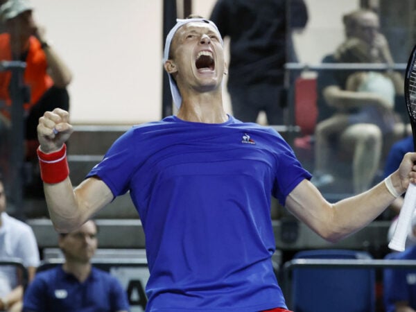 Czech Jiri Lehecka celebrates victory after the Davis Cup - World Group I match against Israel in Tel Aviv, Israel