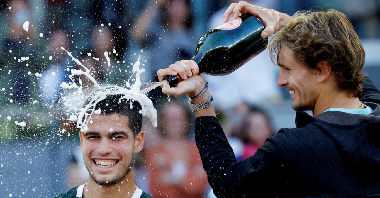 Alexander Zverev and Carlos Alcaraz during the trophy presentation of the 2022 Madrid Open
