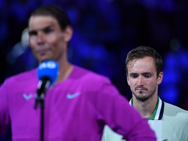 Daniil Medvedev during the 2022 Australian Open trophy presentation