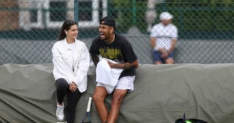 Australia's Nick Kyrgios with girlfriend Costeen Hatzi after practice at the 2022 Wimbledon Championships