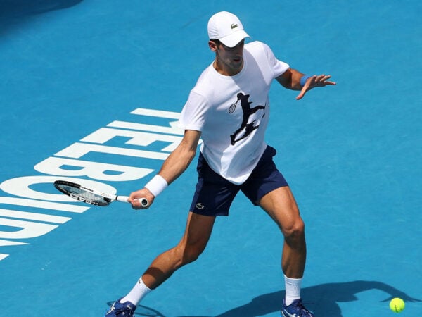 Novak Djokovic practices prior to the 2022 Australian Open