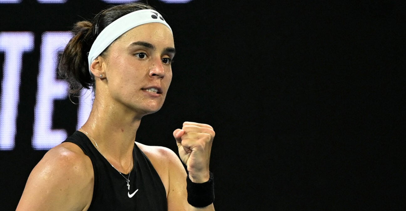 Anhelina Kalinina reacts during her second round match against Czech Republic's Petra Kvitova at the 2023 Australian Open