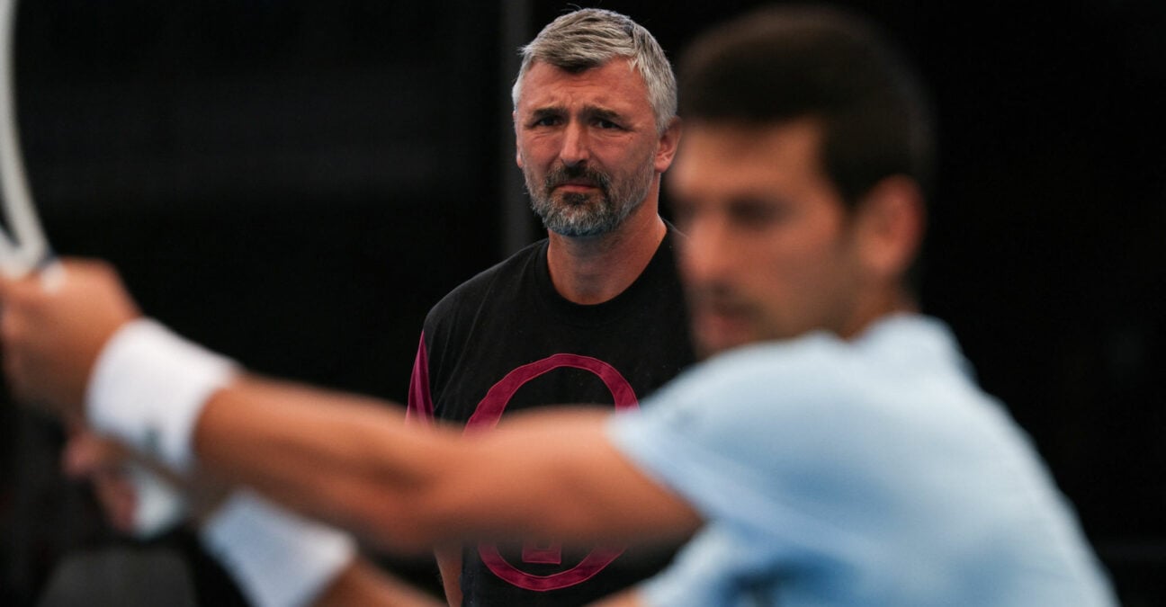 Serbia's Novak Djokovic practices as coach Goran Ivanisevic looks in Adelaide on December 30, 2022.