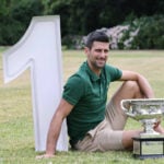 Novak Djokovic with the 2023 Australian Open trophy