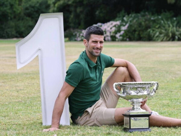 Novak Djokovic with the 2023 Australian Open trophy