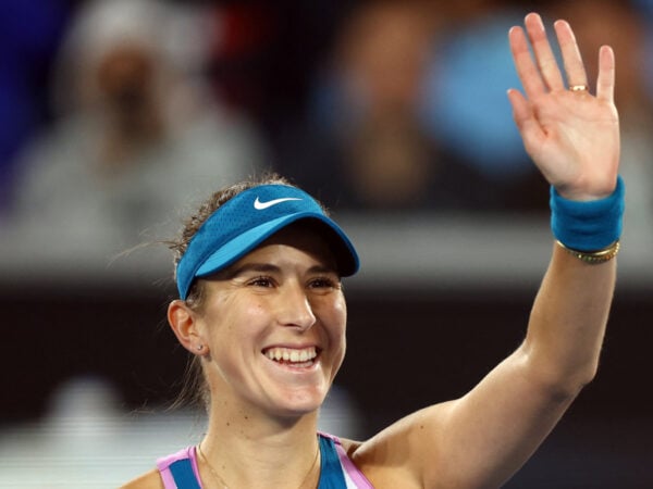 Switzerland's Belinda Bencic celebrates winning during her second round match at the 2023 Australian Open
