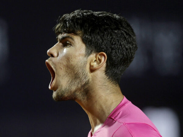 Spain's Carlos Alcaraz reacts during his quarter final match against Serbia's Dusan Lajovic at the ATP Rio Open