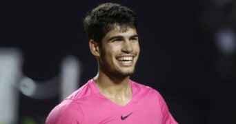 Spain's Carlos Alcaraz during his round of 16 match against Italy's Fabio Fognini at the 2023 Rio Open
