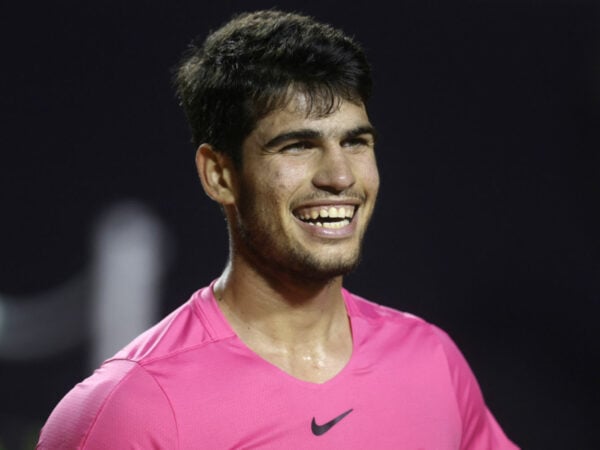 Spain's Carlos Alcaraz during his round of 16 match against Italy's Fabio Fognini at the 2023 Rio Open