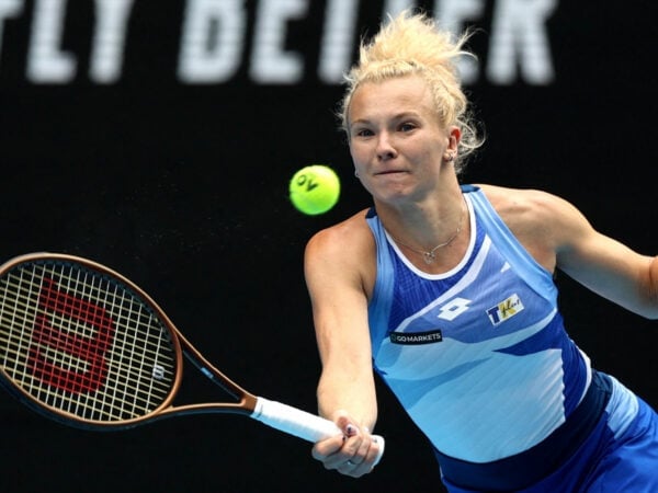 Katerina Siniakova in action during her first round match at the 2023 Australian Open