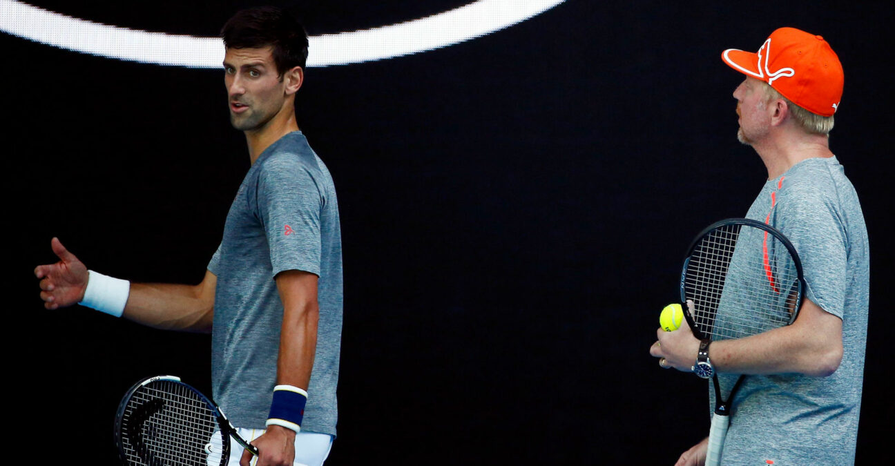 Serbia's Novak Djokovic with then coach Boris Becker during a practice session at the 2016 Australian Open
