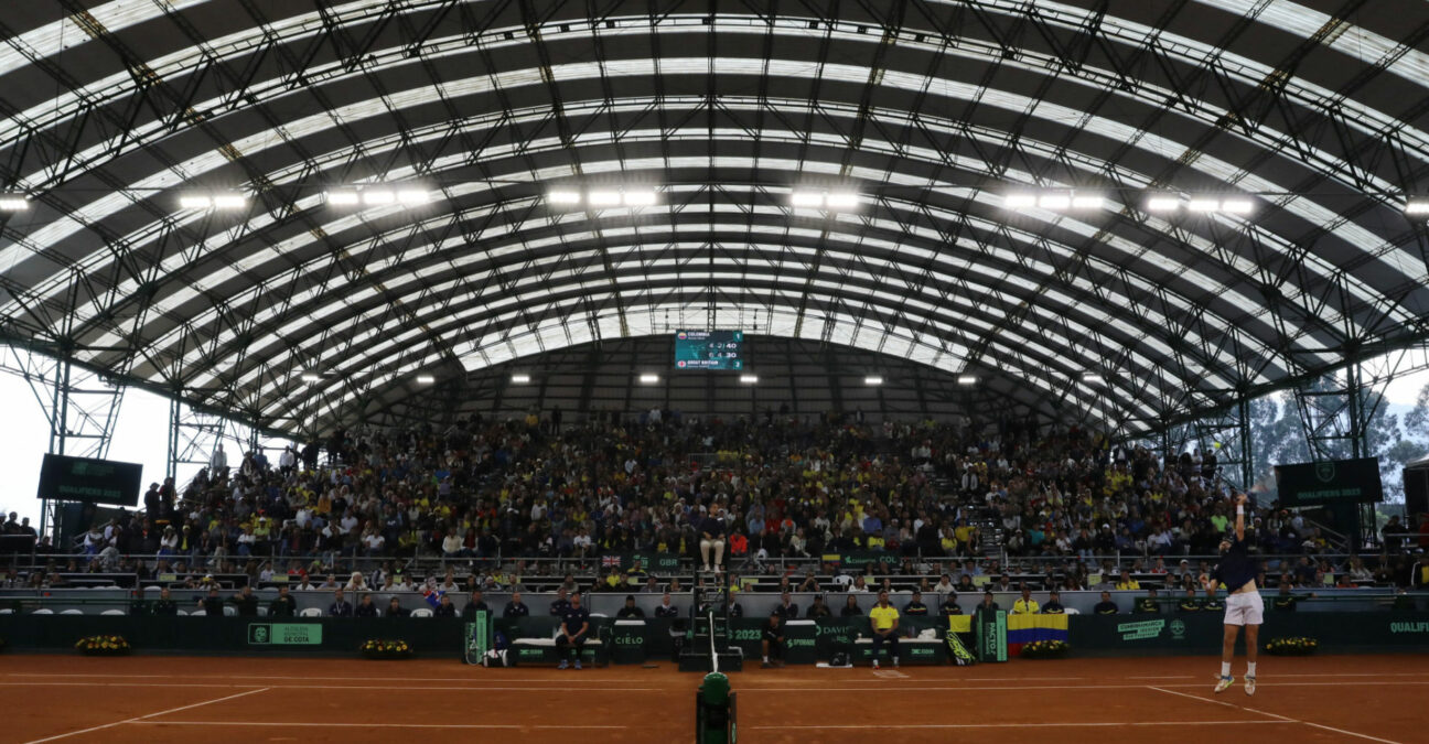 Britain's Cameron Norrie in action during his match against Colombia's Nicolas Mejia during the 2023 Davis Cup Qualifiers