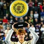 Jannik Sinner with the Open Sud de France title in Montpellier in February 2023