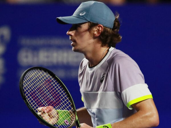 Australia's Alex de Minaur celebrates after winning his quarter final match against Japan's Taro Daniel at the Mexican Open