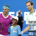 pain's Rafael Nadal and Russia's Daniil Medvedev pose for a picture before the 2022 Australian Open final